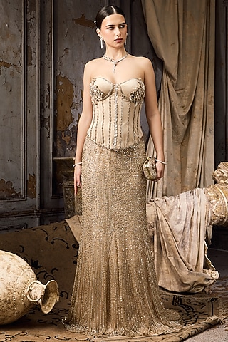 Beige Velvet & Net Hand Embroidered Lehenga Set by Rocky Star