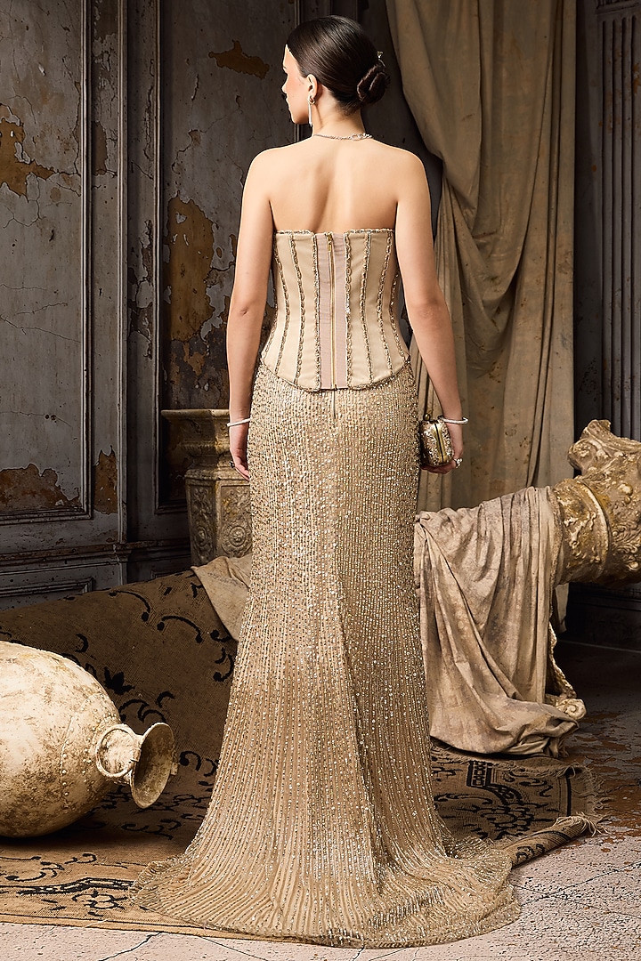 Beige Velvet & Net Hand Embroidered Bridal Lehenga Set by Rocky Star at Pernia's Pop Up Shop