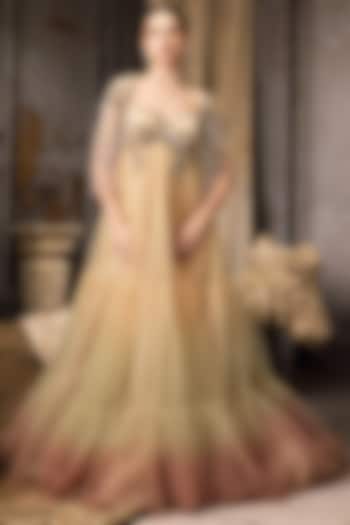 Pink & Yellow Ombre Net Hand Embellished Bridal Gown by Rocky Star at Pernia's Pop Up Shop