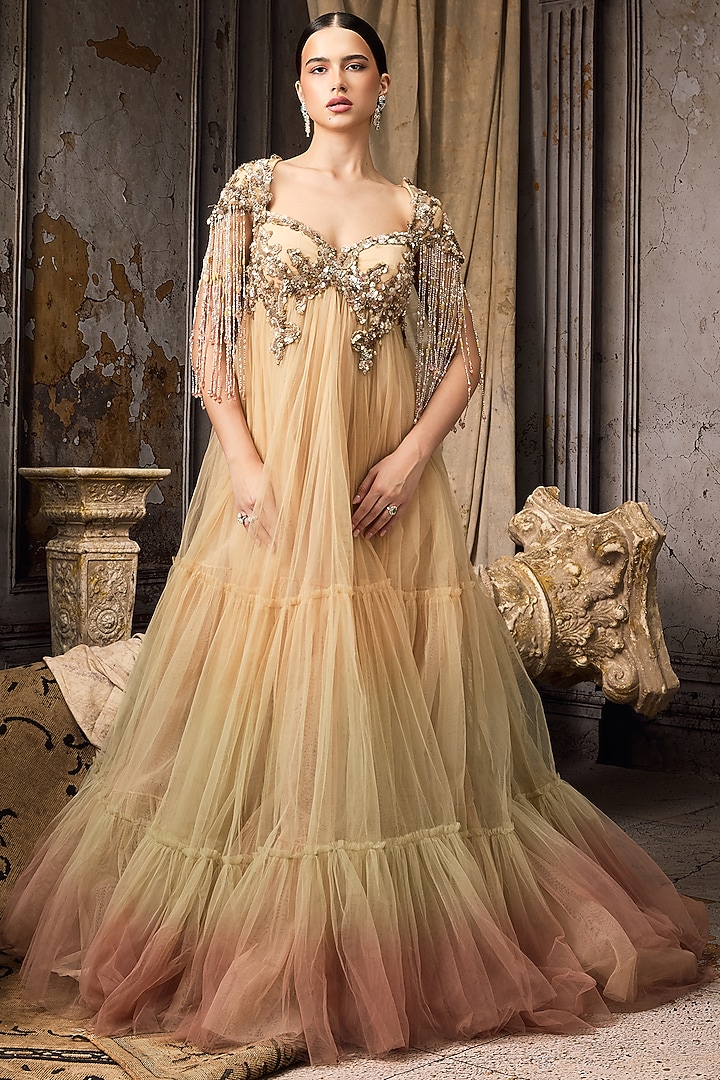 Pink & Yellow Ombre Net Hand Embellished Bridal Gown by Rocky Star at Pernia's Pop Up Shop