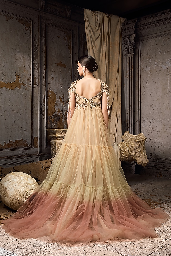 Pink & Yellow Ombre Net Hand Embellished Bridal Gown by Rocky Star at Pernia's Pop Up Shop