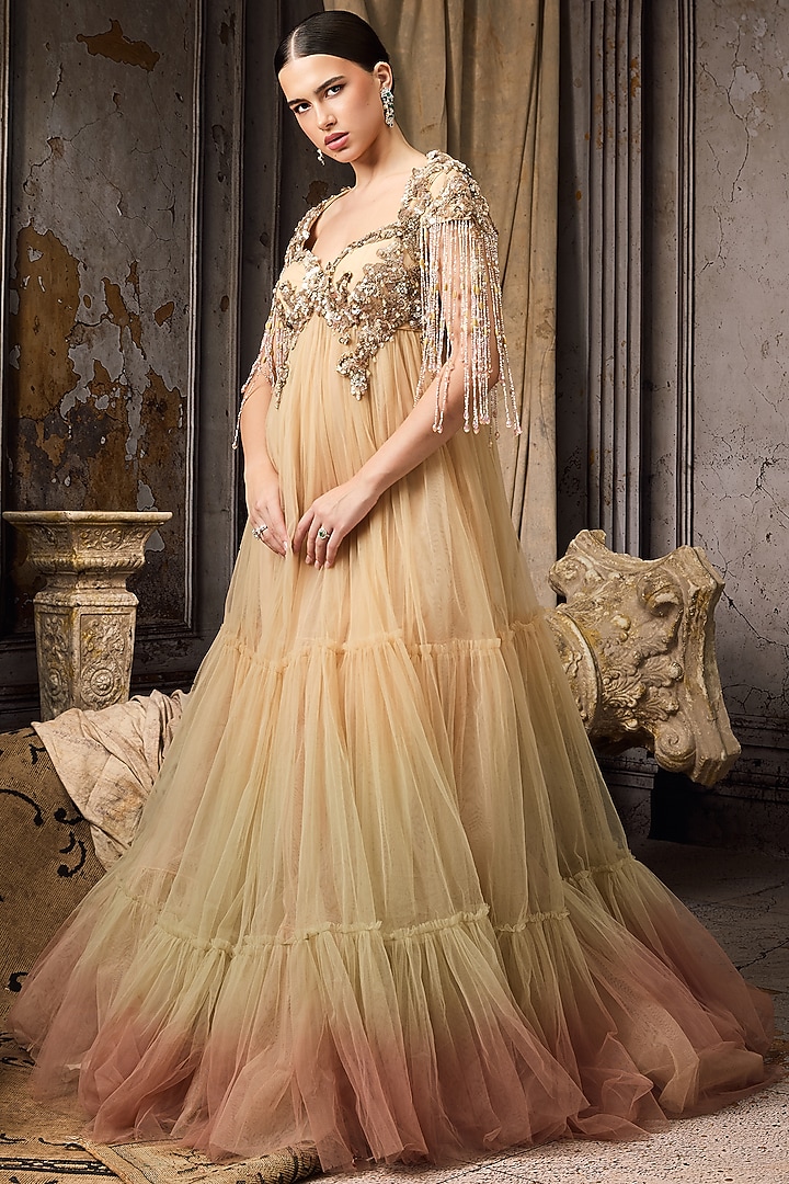 Pink & Yellow Ombre Net Hand Embellished Bridal Gown by Rocky Star at Pernia's Pop Up Shop