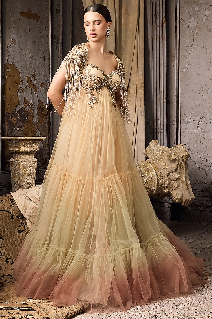 Pink & Yellow Ombre Net Hand Embellished Bridal Gown by Rocky Star at Pernia's Pop Up Shop