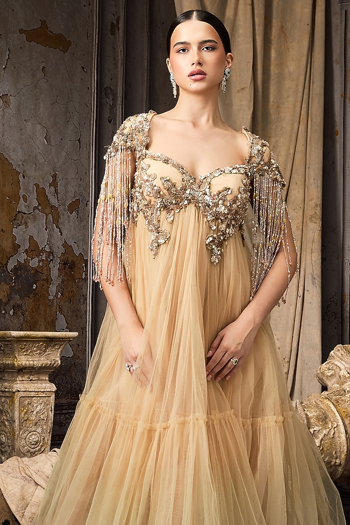 Pink & Yellow Ombre Net Hand Embellished Bridal Gown by Rocky Star at Pernia's Pop Up Shop