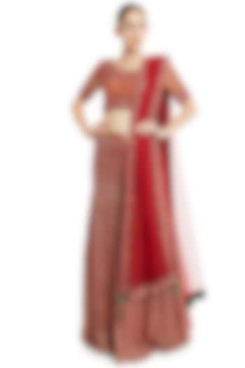 Red Embroidered Lehenga Set by Rocky Star