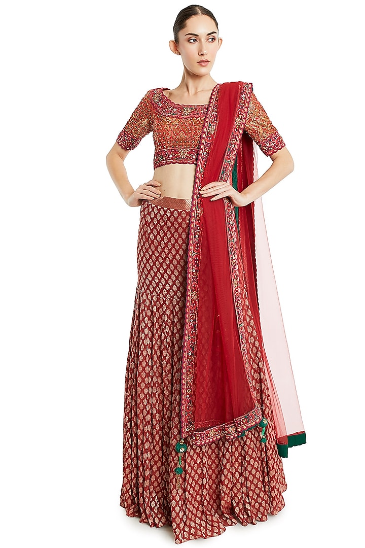 Red Embroidered Lehenga Set by Rocky Star
