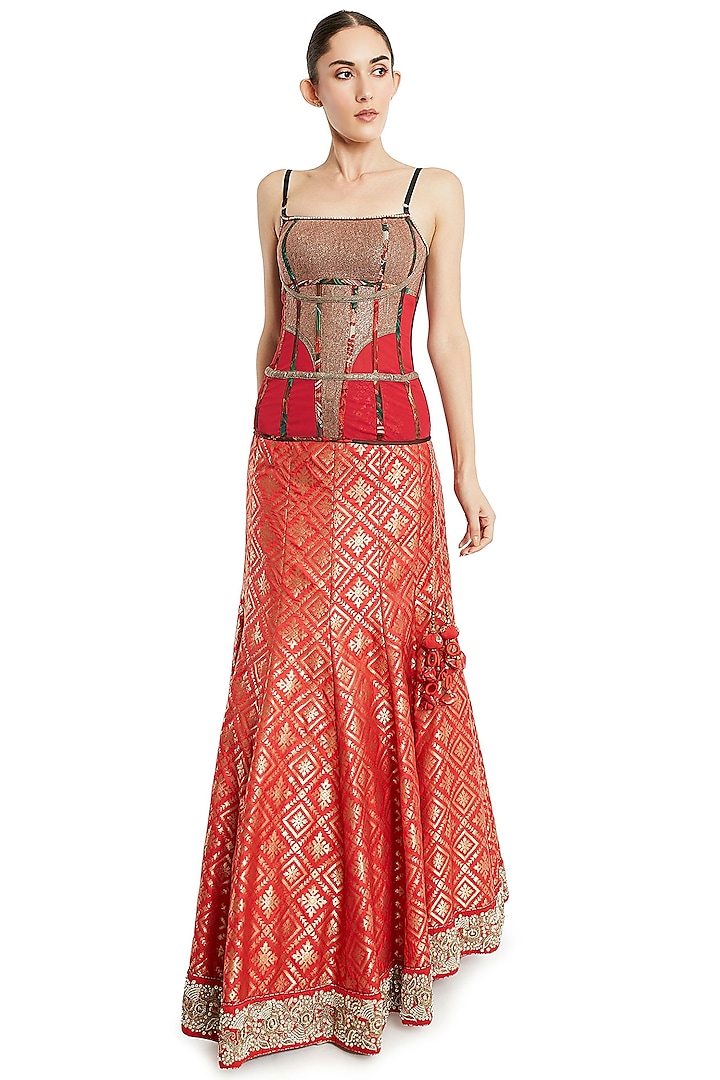 Red Embroidered Brocade Lehenga Set by Rocky Star