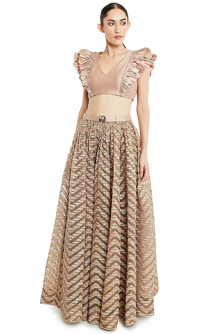 Beige & Gold Embroidered Skirt Set by Rocky Star