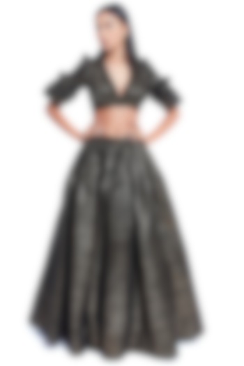 Black Shimmer Lame Flared Skirt Set by Rocky Star