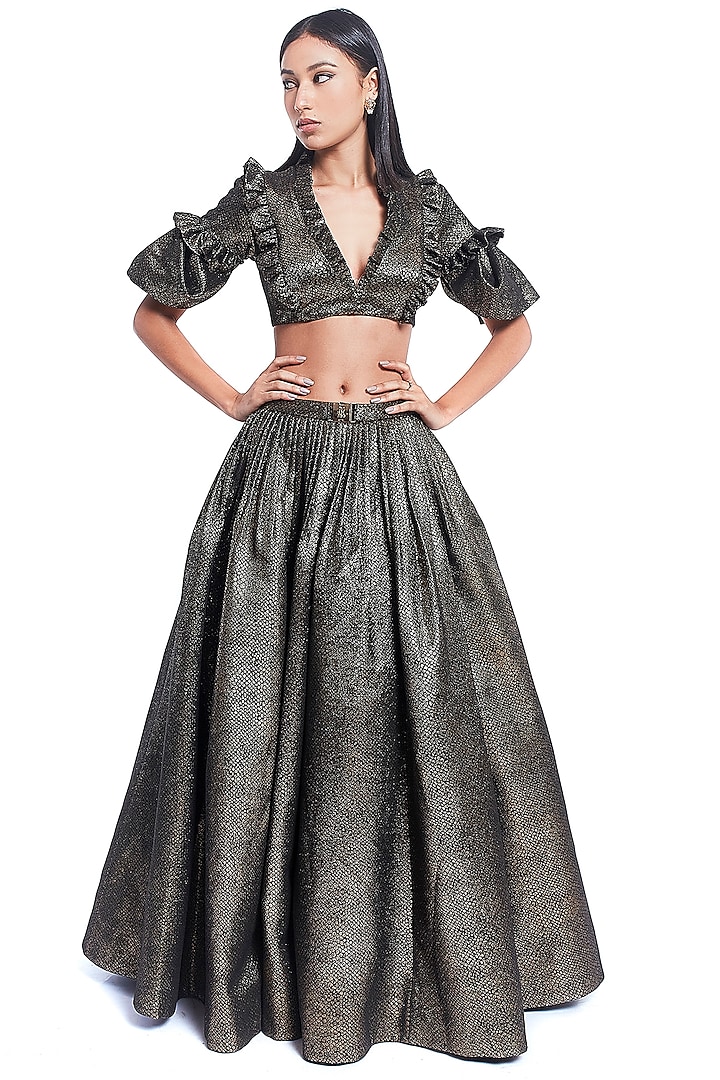 Black Shimmer Lame Flared Skirt Set by Rocky Star