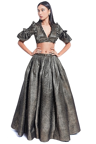 Black Shimmer Lame Flared Skirt Set by Rocky Star