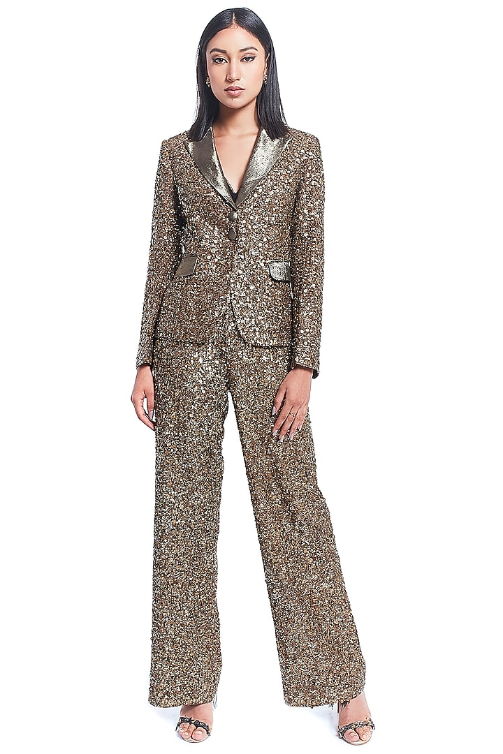 Gold Sequins Embroidered Blazer by Rocky Star