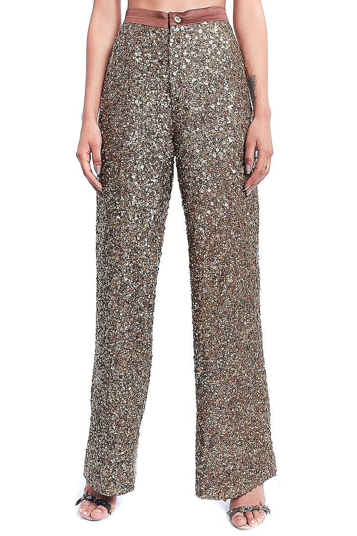 Gold Sequins Embroidered Pants by Rocky Star