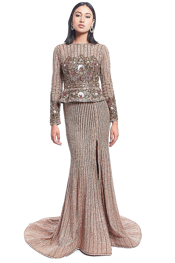 Gold Ombre Embroidered Gown With Peplum Top by Rocky Star