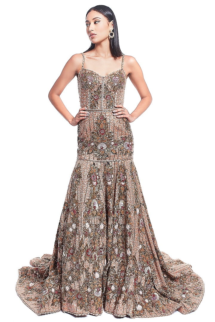 Gold Floral Hand Embroidered Gown by Rocky Star
