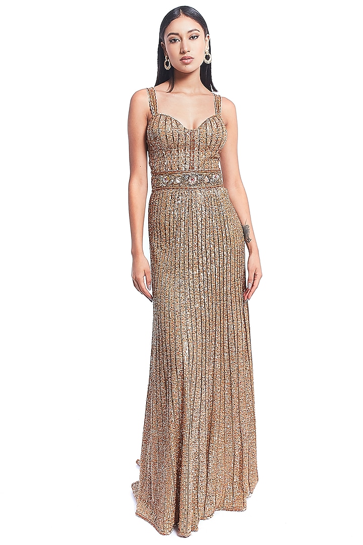 Gold Sequins Hand Embroidered Gown by Rocky Star