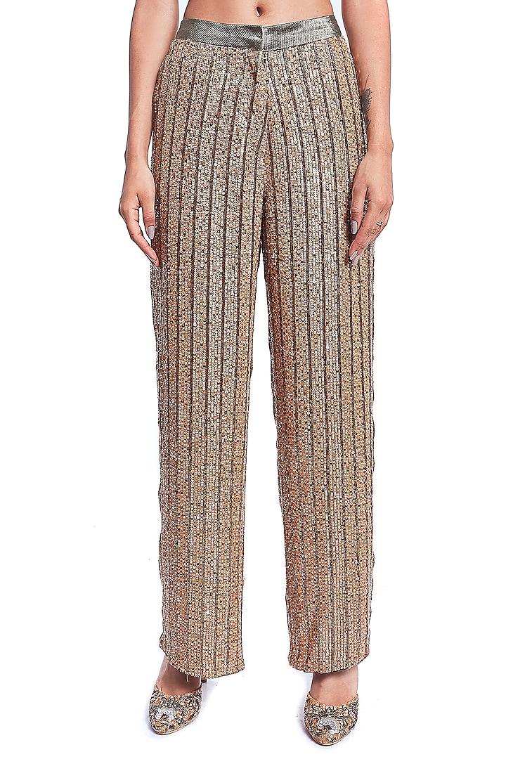Gold Sequins Embroidered Straight Pants by Rocky Star