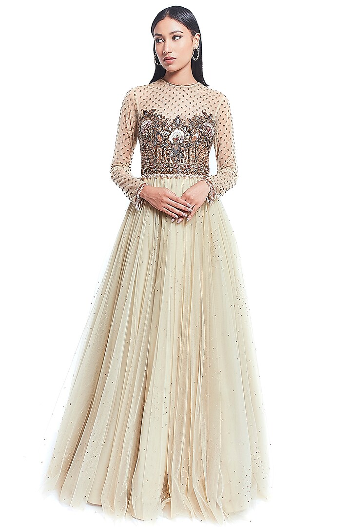 Cream Hand Embroidered Flared Gown by Rocky Star