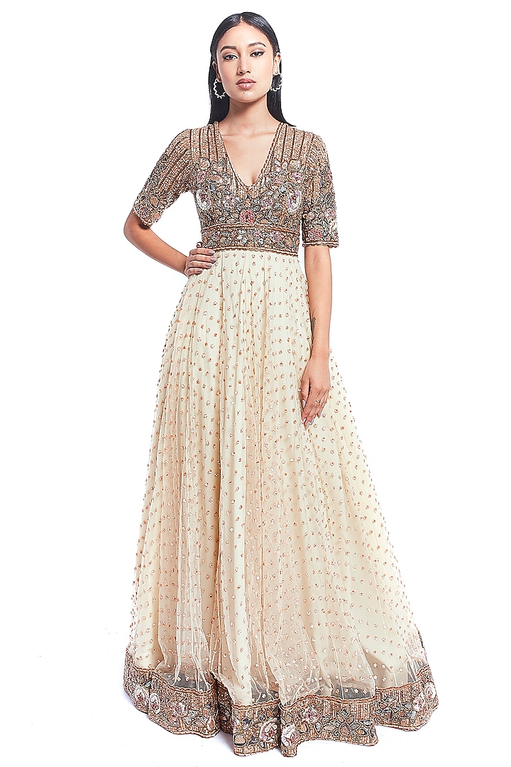 Cream Floral Printed Flared Gown by Rocky Star