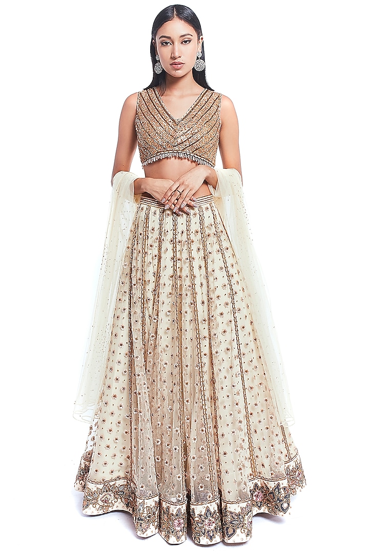 Nude Floral Printed Panelled Lehenga Set by Rocky Star