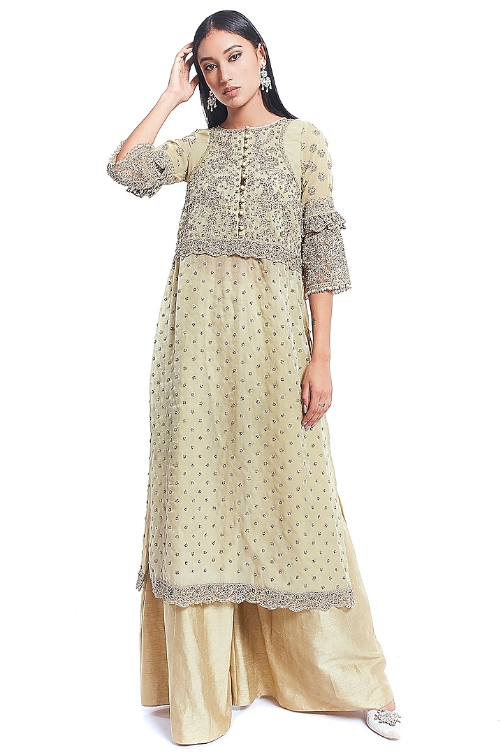 Champagne Gold Hand Embroidered Tunic Set by Rocky Star