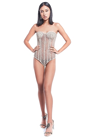 Beige Beaded Bodysuit by Rocky Star