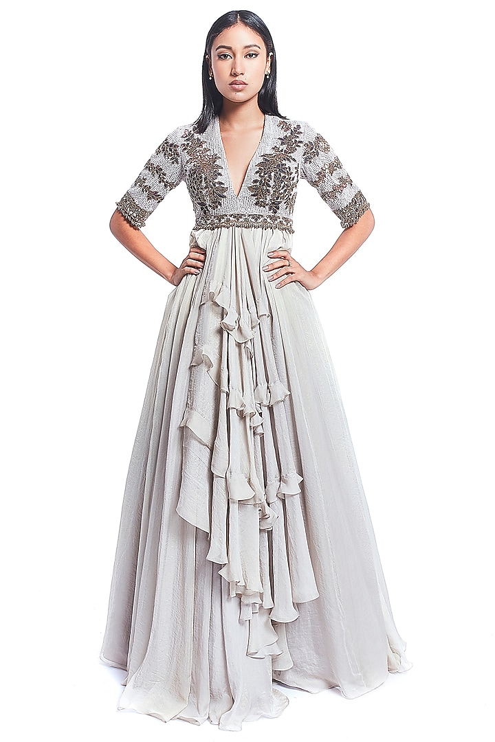 Grey Sequin Embroidered Ruffled Gown by Rocky Star