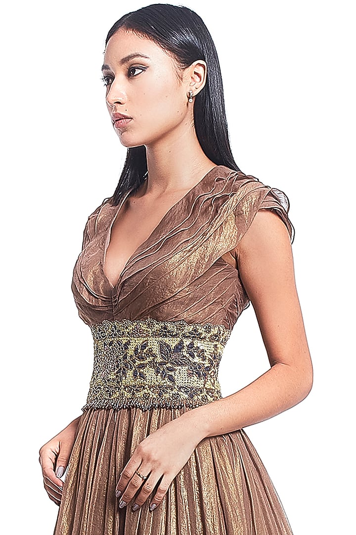 Bronze Embroidered Shimmer Gown by Rocky Star at Pernia's Pop Up Shop
