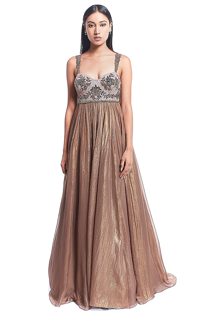 Bronze Embroidered Flared Shimmer Gown by Rocky Star at Pernia's Pop Up Shop