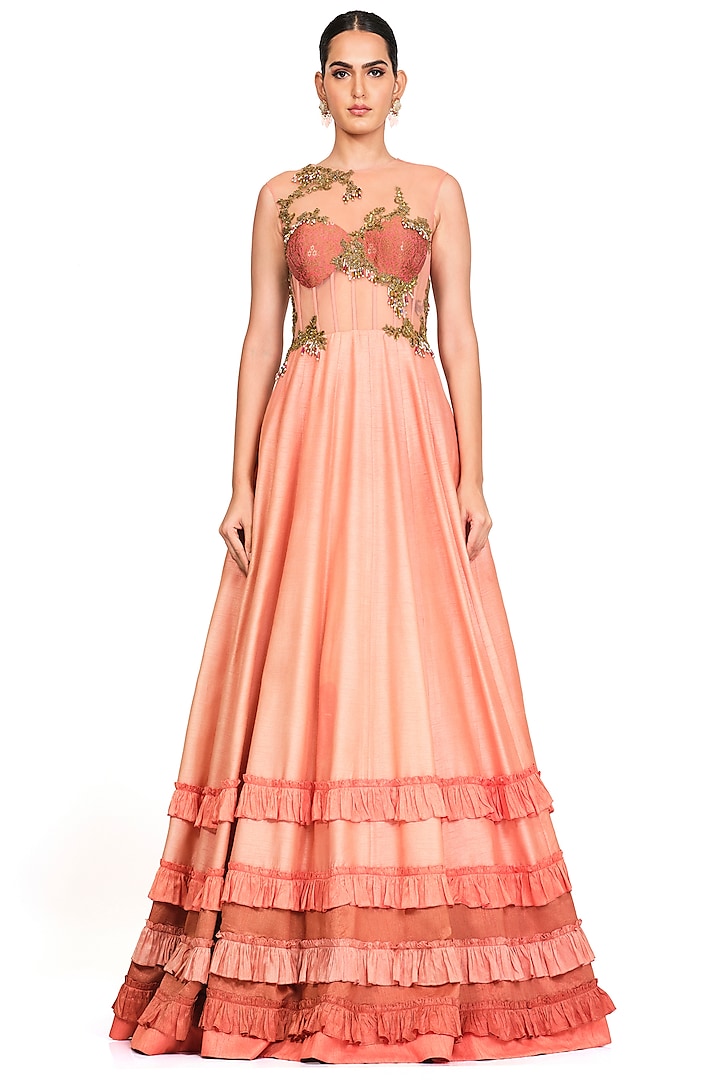 Peach Embroidered Gown by Rocky Star