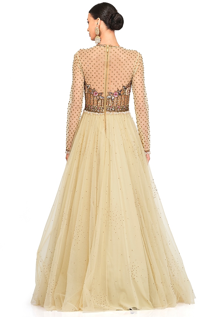 Beige Embroidered Gown by Rocky Star at Pernia's Pop Up Shop