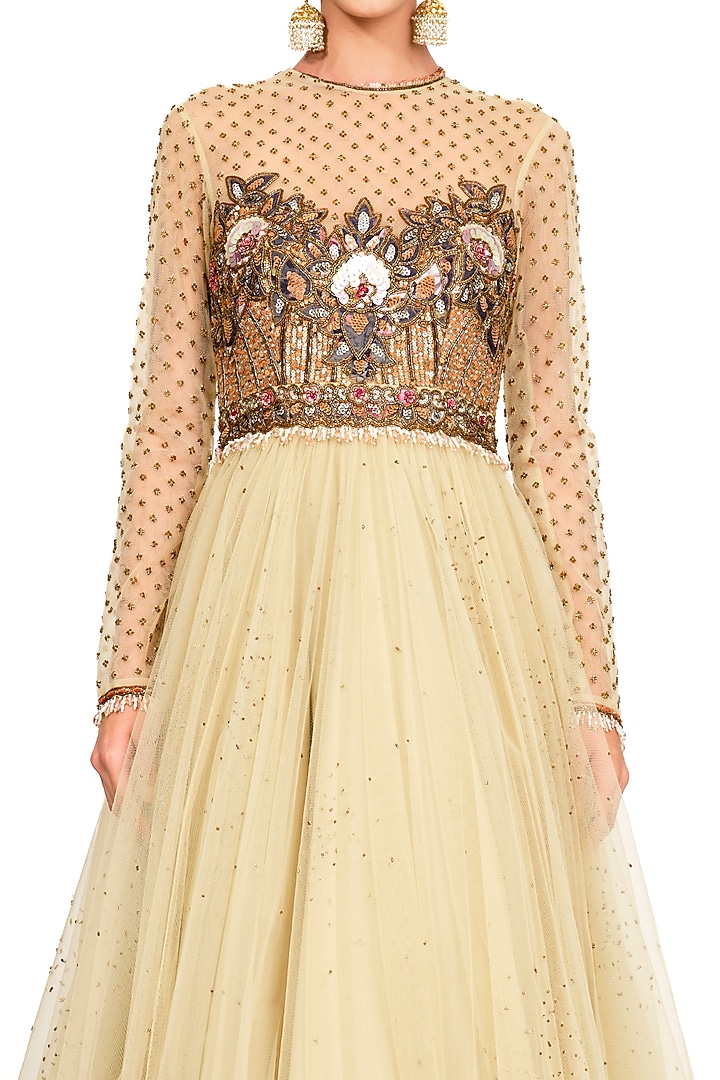 Beige Embroidered Gown by Rocky Star at Pernia's Pop Up Shop