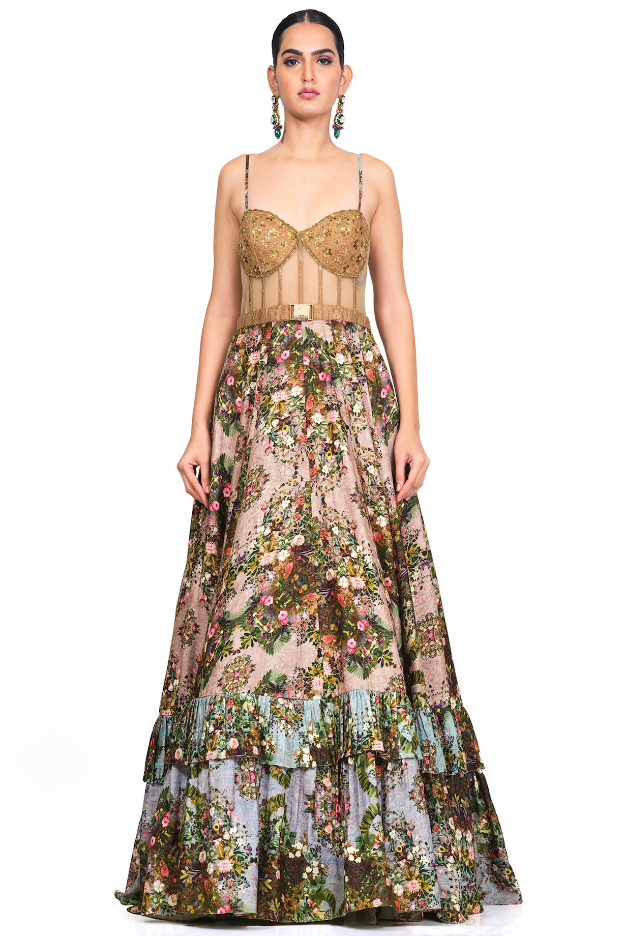 white christmas dresses Sunburst Strapless Corset Dress With Flowy Tulle Skirt And Floral Appl main image 1