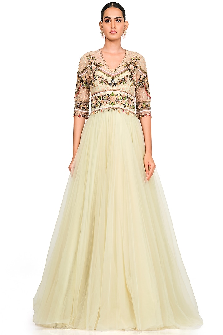 Light Lemon Embroidered Gown by Rocky Star