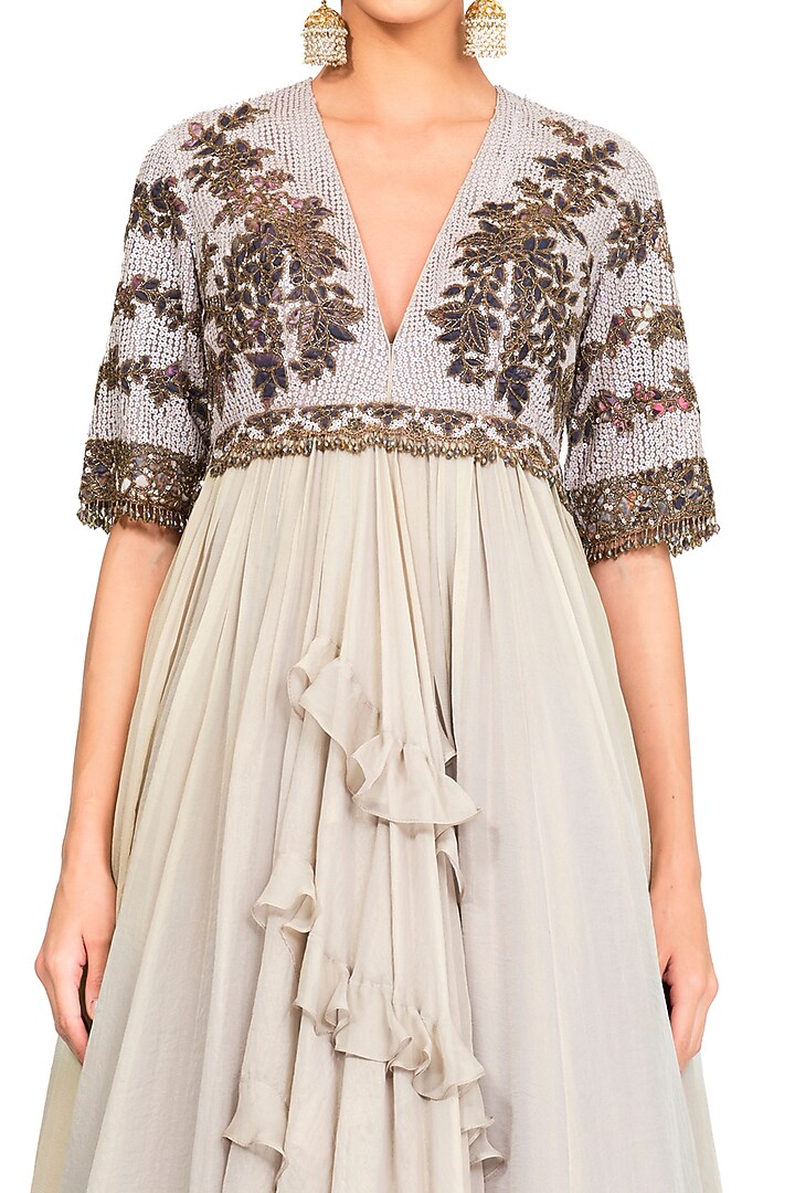 Grey Organza Embroidered Gown by Rocky Star at Pernia's Pop Up Shop