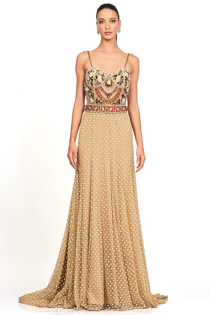 Beige Tulle & Net Embroidered Gown by Rocky Star at Pernia's Pop Up Shop