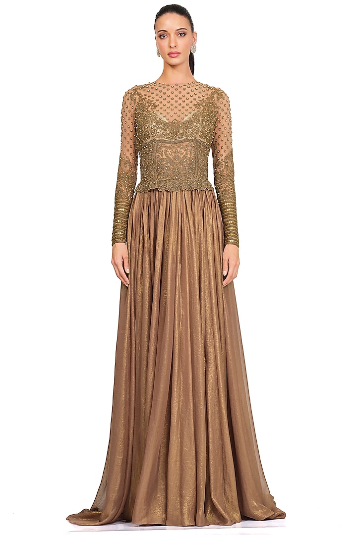 Copper Georgette & Net Embroidered Gown by Rocky Star