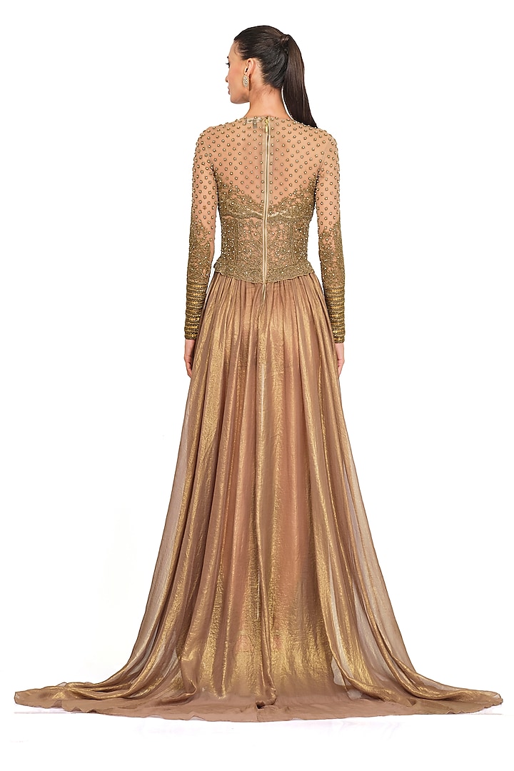Copper Georgette & Net Embroidered Gown by Rocky Star at Pernia's Pop Up Shop