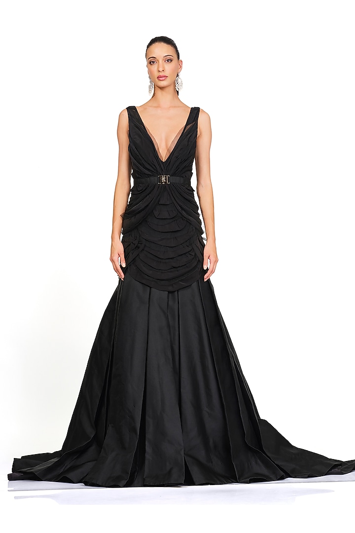 Black Satin & Georgette Gown by Rocky Star at Pernia's Pop Up Shop