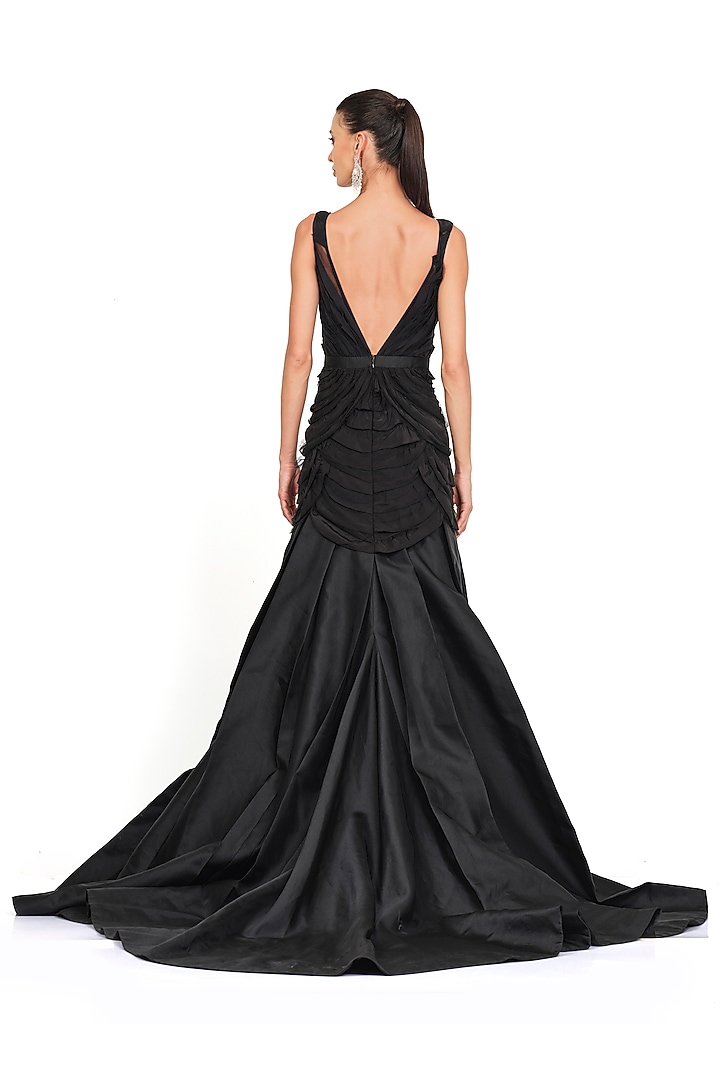 Black Satin & Georgette Gown by Rocky Star at Pernia's Pop Up Shop