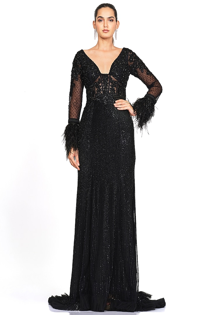 Black Net Embroidered Gown by Rocky Star at Pernia's Pop Up Shop
