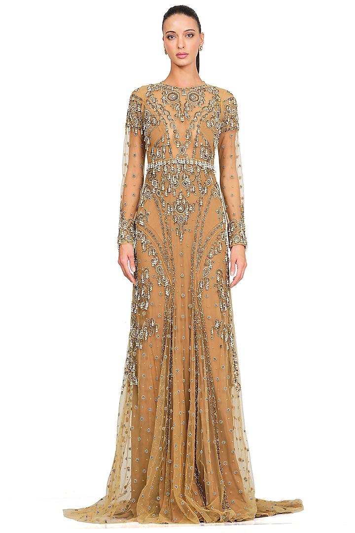 Beige Hand Embroidered Gown by Rocky Star
