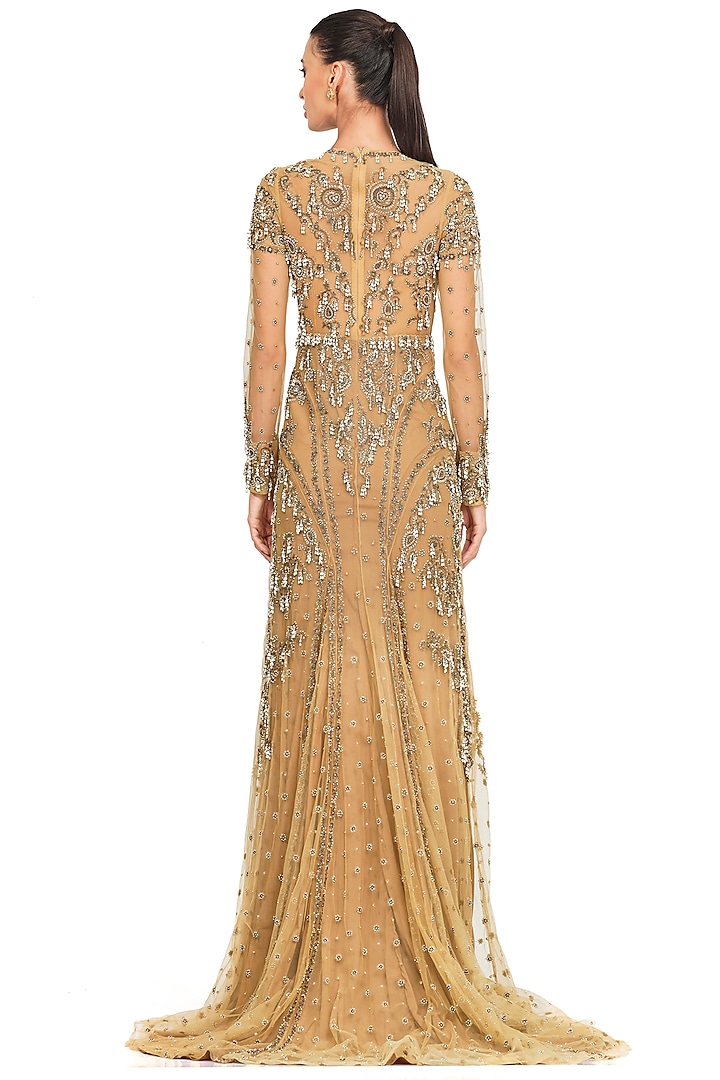 Beige Hand Embroidered Gown by Rocky Star at Pernia's Pop Up Shop