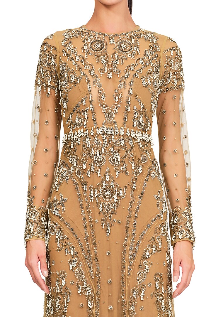 Beige Hand Embroidered Gown by Rocky Star at Pernia's Pop Up Shop