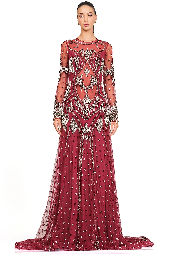 Deep Red Embroidered Gown by Rocky Star