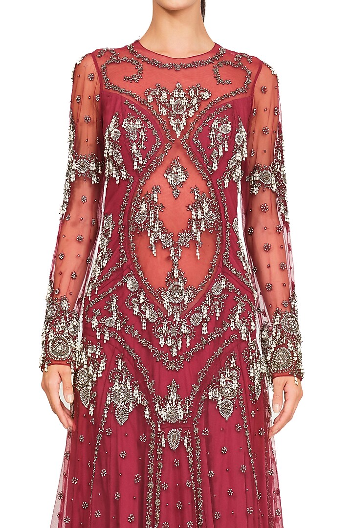 Deep Red Embroidered Gown by Rocky Star at Pernia's Pop Up Shop