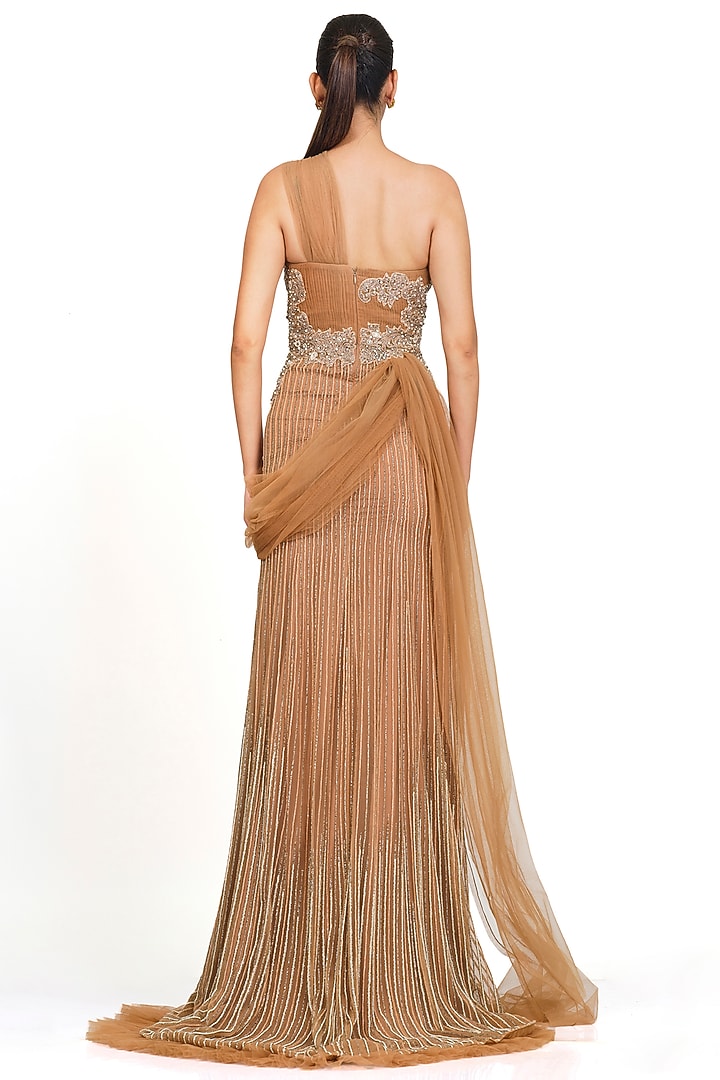Beige Embroidered Gown by Rocky Star at Pernia's Pop Up Shop
