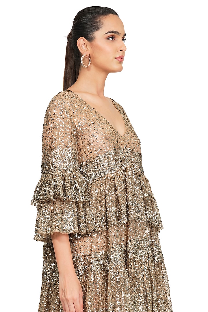 Gold Embroidered Frilled Party Wear Dress by Rocky Star at Pernia's Pop Up Shop
