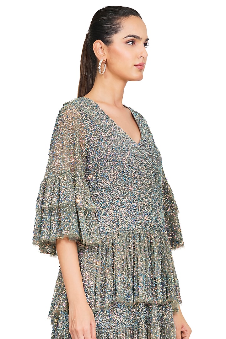Silver Embroidered Frilled Party Wear Dress by Rocky Star at Pernia's Pop Up Shop