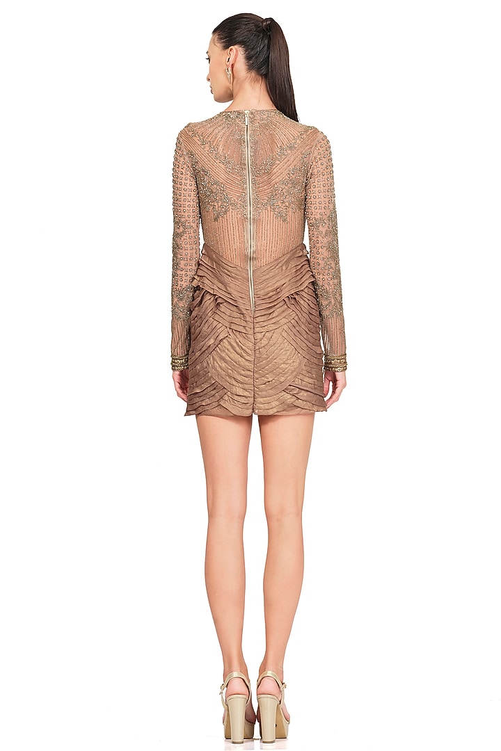 Taupe Embroidered Mini Party Wear Dress by Rocky Star at Pernia's Pop Up Shop